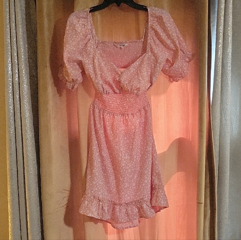 Pink Ruched Mini Sundress with Puff Sleeves